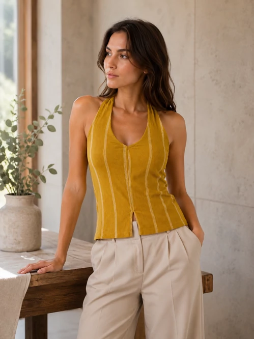 Vero Moda Berta Harvest Gold csíkos nyakpántos top