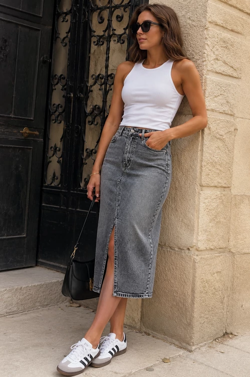 Vero Moda szürke farmerszoknya hasítékkal -M