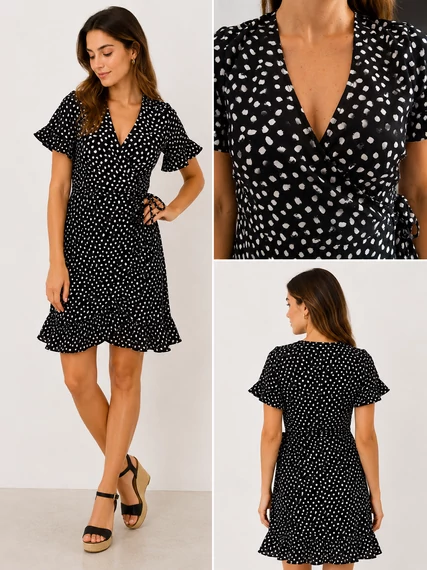 Vero Moda HENNA pöttyös átkötős ruha - fekete/fehér