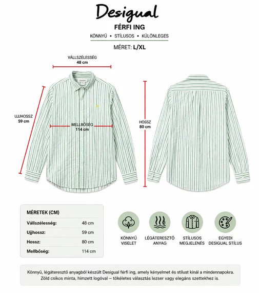 Desigual férfi csíkos ing L/XL - zöld-fehér, hosszított fazon (Bolti ár: 52.000 Ft)