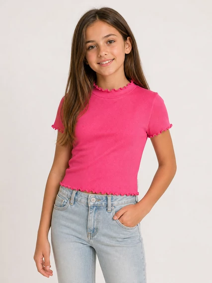 Tom Tailor bordázott rövid fazonú lány póló - pink (152)